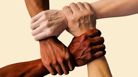 Vier Hände mit unterschiedlicher Hautfarbe umfassen sich.