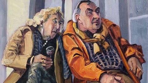 Gemälde: Eine Frau und ein Mann sitzen nebeneinander auf einer Bank.