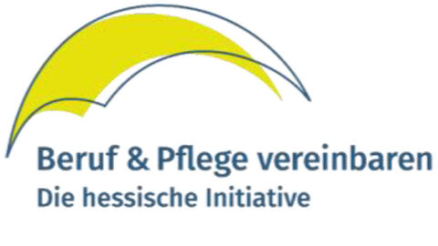 Beruf und Pflege vereinbaren Schriftzug - Beruf & Pflege vereinbaren - Die hessische Initiative - mit angedeutetem gelben Schirm auf weißem Grund.