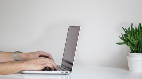 Bildschirmarbeit (Symbolbild) Person schreibt auf einem Notebook, das auf einem weißen Tisch mit einer Pflanze steht.