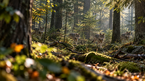 Vier Wölfe laufen durch einen dicht bewachsenen Wald.